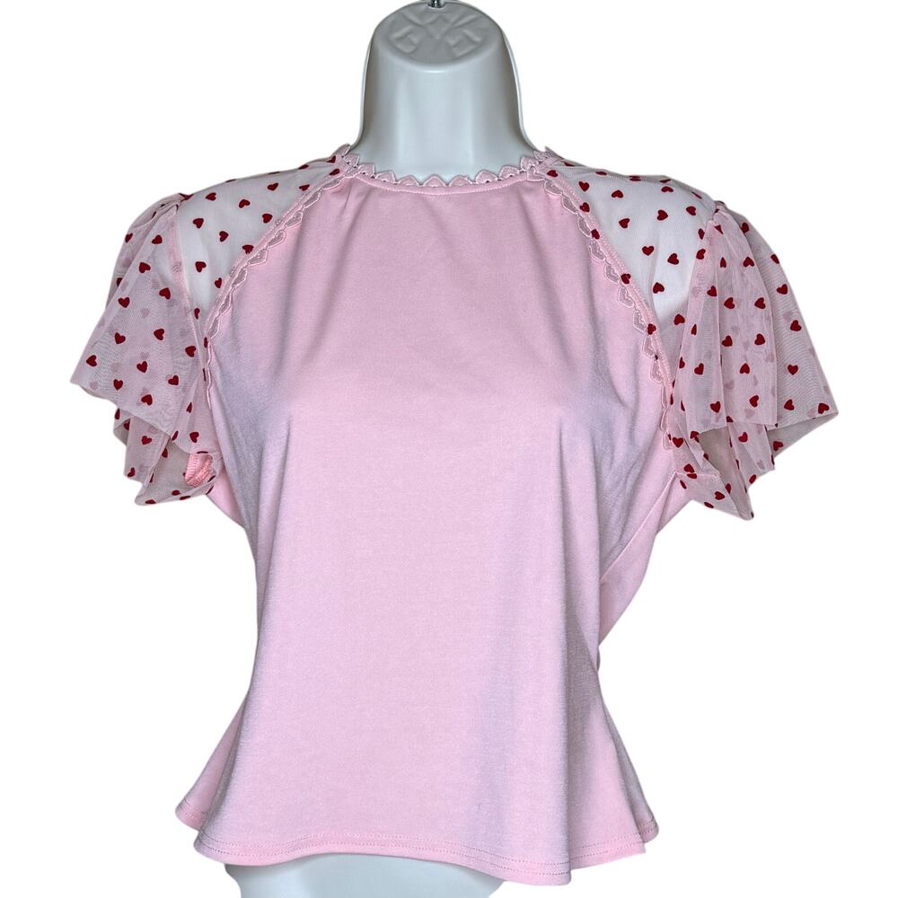 Unique Vintage Pink and Red Hearts Mesh Flutter Sleeve Blouse M 6 8 NWOT